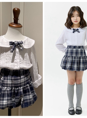 110-150韩系女童纯棉白色翻领可拆蝴蝶结长袖衬衣+防走光灯笼半裙