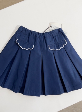 110-145韩系高端女童藏蓝色白色波浪边刺绣假口袋百褶半裙