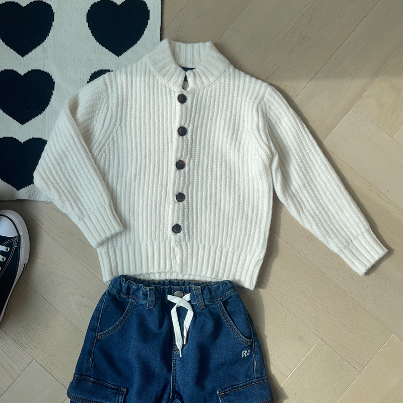 4-10男女童白色单排扣立领含微量羊毛毛衣针织开衫外套