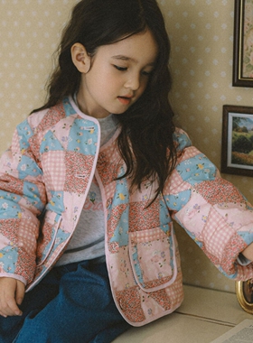 110-155韩系高端女童拼色印花单排扣夹薄棉圆领外套