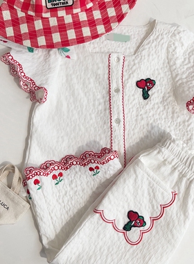 110-145韩系贝家刺绣樱桃花边肌理感泡泡棉短袖上衣+阔腿裤 分开