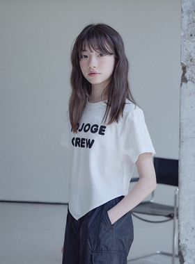 135-155韩系潮童BJ中大童纯棉拼网眼面料字母不规则衣摆短袖T恤