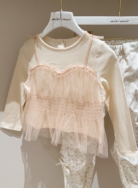 100-145韩系高端女童网纱拼接假两件长袖T恤上衣