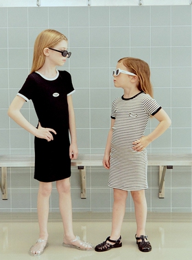 100-145韩系潮童RJ女童字母贴布包边修身弹力短袖裙