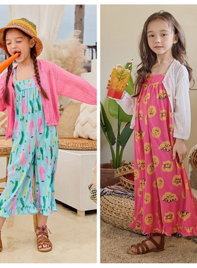 110-150韩系女童纯色薄款垂感开衫+印花百褶垂软背带裤套装