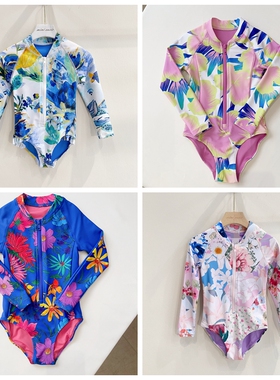 1-16英伦女童太阳花复古印花长袖连衣泳衣
