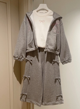 110-155韩系高端女童灰色刺绣蝴蝶结连帽短款卫衣外套