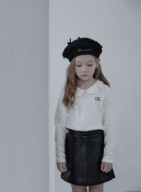 100-145韩系潮童RJ女童米白字母翻领拼接长袖T恤打底衫