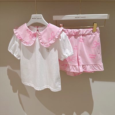 100-140韩系女童印花翻领速干短袖上衣+木耳边裤脚速干短裤