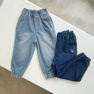 两色刺绣小狗束腰束脚口长裤