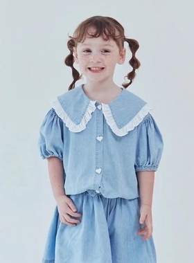 100-145韩系潮童RJ女童浅蓝色垂感天丝大翻领短袖上衣