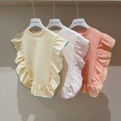 110 140日系女童纯棉三色镂空木耳边拼接套头无袖 T恤