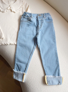 包邮100-145韩系潮童RJ浅蓝色流苏卷边裤脚内里磨毛牛仔裤