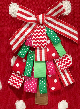 2-6女童纯棉线白色圆点贴布圣诞树新年毛衣（偏小）