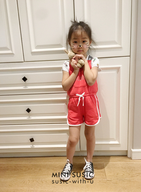 自留1-14岁欧美女童红色连体短裤背带裤