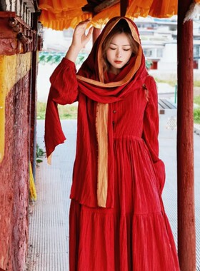 【宫佩Cocoa小苏】格桑花红色大摆裙秋冬旅行拍照长袖连衣裙