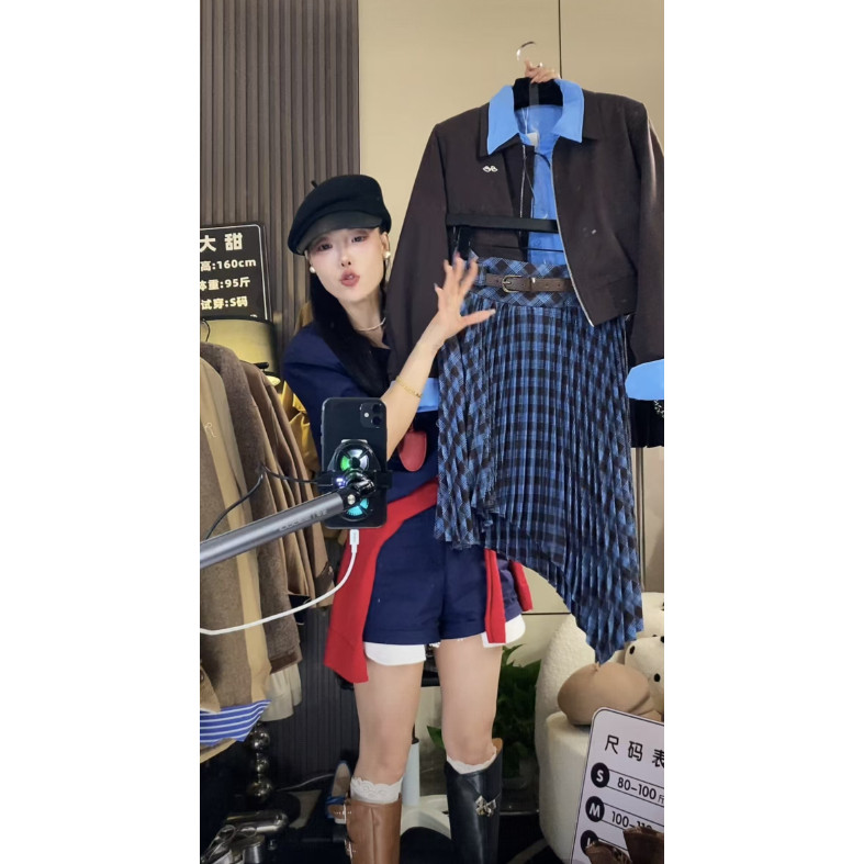 大甜家--蓝色格子风琴压褶裙+腰带