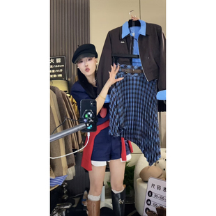 大甜家 腰带 蓝色格子风琴压褶裙