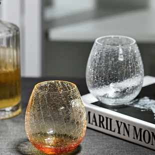 日本广田硝子冰裂纹花蕾玻璃单杯琥珀色水杯手工威士忌杯木盒礼盒