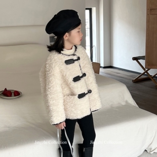 断码韩版冬季女童INS白色皮草真毛儿童短款HN黑皮扣卷毛托卡外套