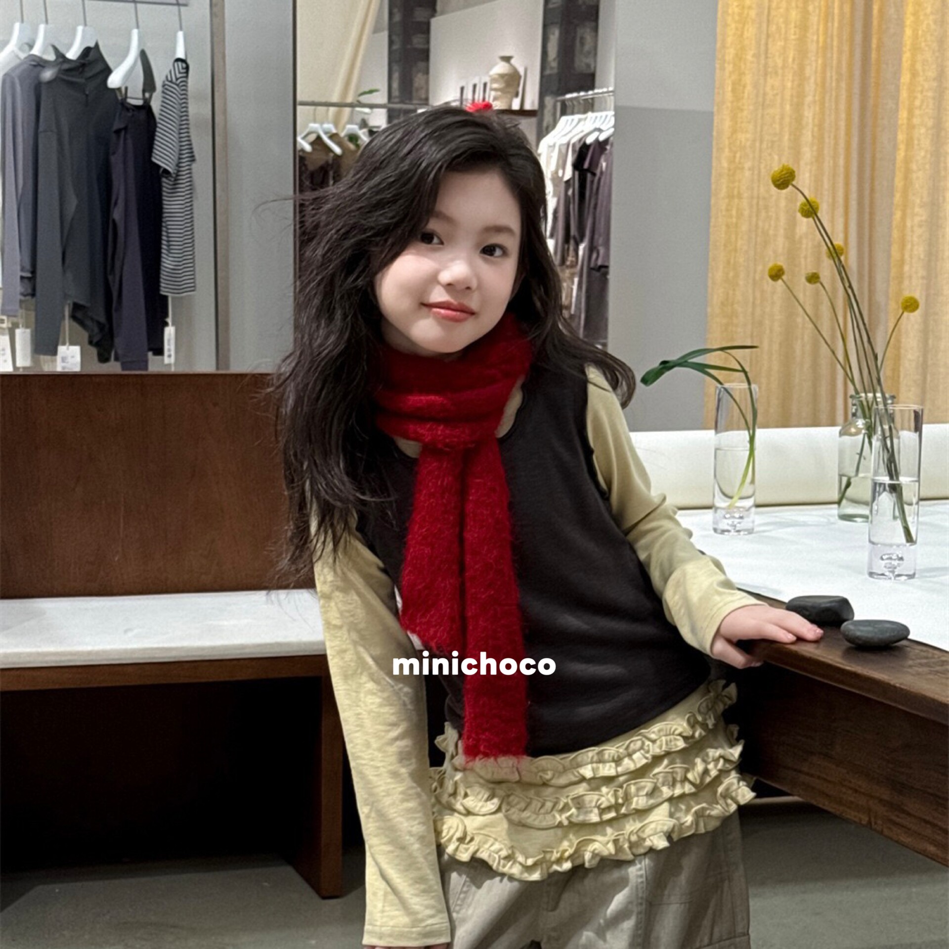 minichoco韩式女童秋季长袖圆领T恤打底衫 三层木耳边两件套