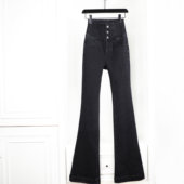 加长女裤 新款 深灰黑色排扣收腹高腰微喇磨毛加绒厚牛仔裤