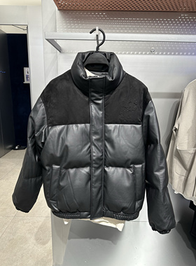 BAACE4118 太平鸟男装冬季新款黑色PU皮休闲保暖拼接立领羽绒服潮