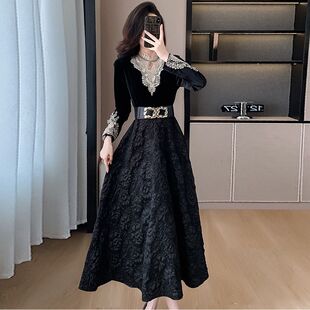 大摆气质连衣裙 设计感长款 秋冬法式 复古宫廷风重工刺绣丝绒长袖