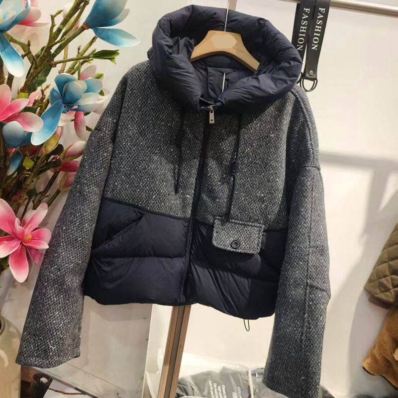 7321冬新款毛呢连帽女装短款加厚90白鸭绒羽绒服外套保暖时尚