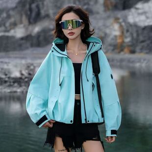 春季新款欧洲站防风连帽女装长袖短款夹克外套风衣时尚百搭8809