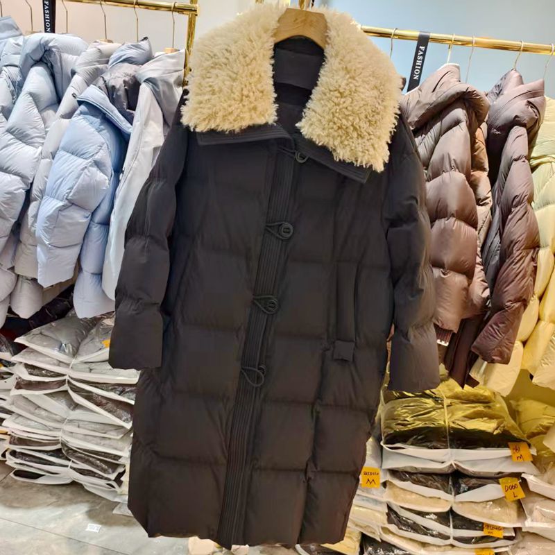 85D061冬新款羊羔毛翻领女装中长款加厚90白鸭绒羽绒服外套时尚