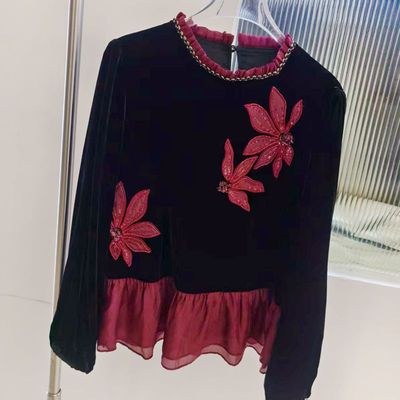 6631欧洲站新款真丝丝绒拼接女装长袖打底衫小衫休闲时尚百搭显瘦