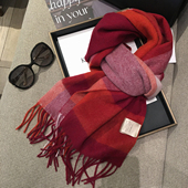 高档100%澳洲羊毛围巾女车厘子红格子纯羊绒披肩两用保暖长款 围脖