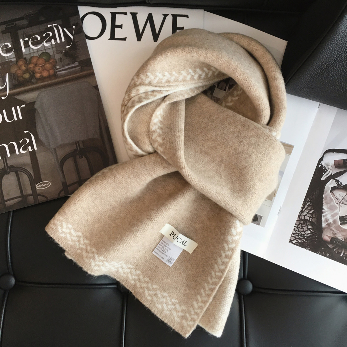 小溜家2023冬季新款韩系百搭花边纯色羊毛混纺围巾女披肩保暖围脖