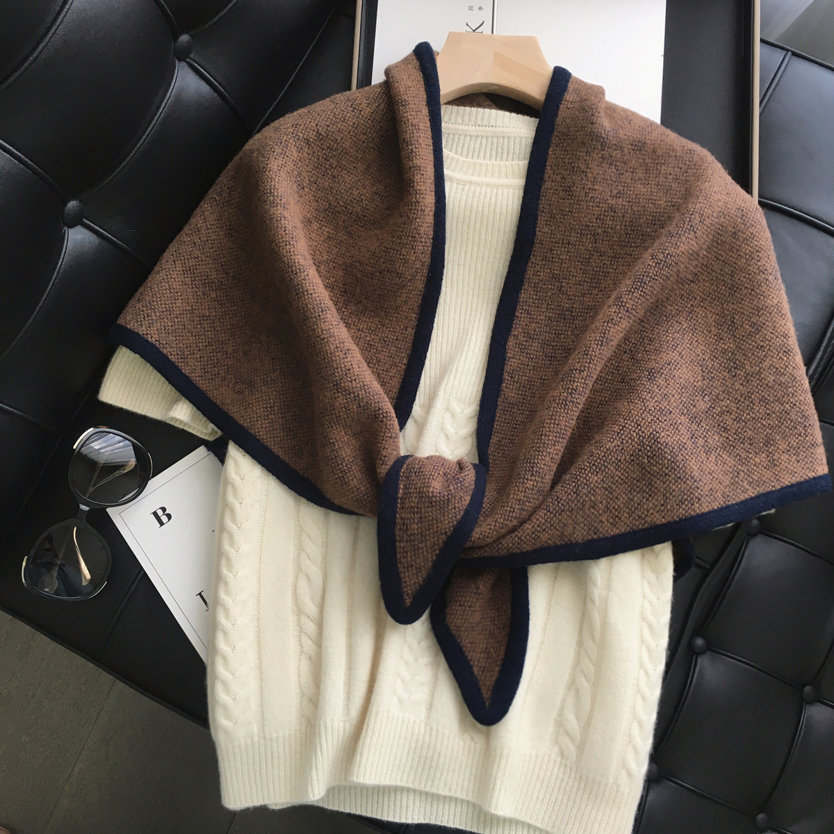 韩版冬季气质咖色WOOL100%澳洲羊毛围巾女纯色三角巾百搭羊绒披肩