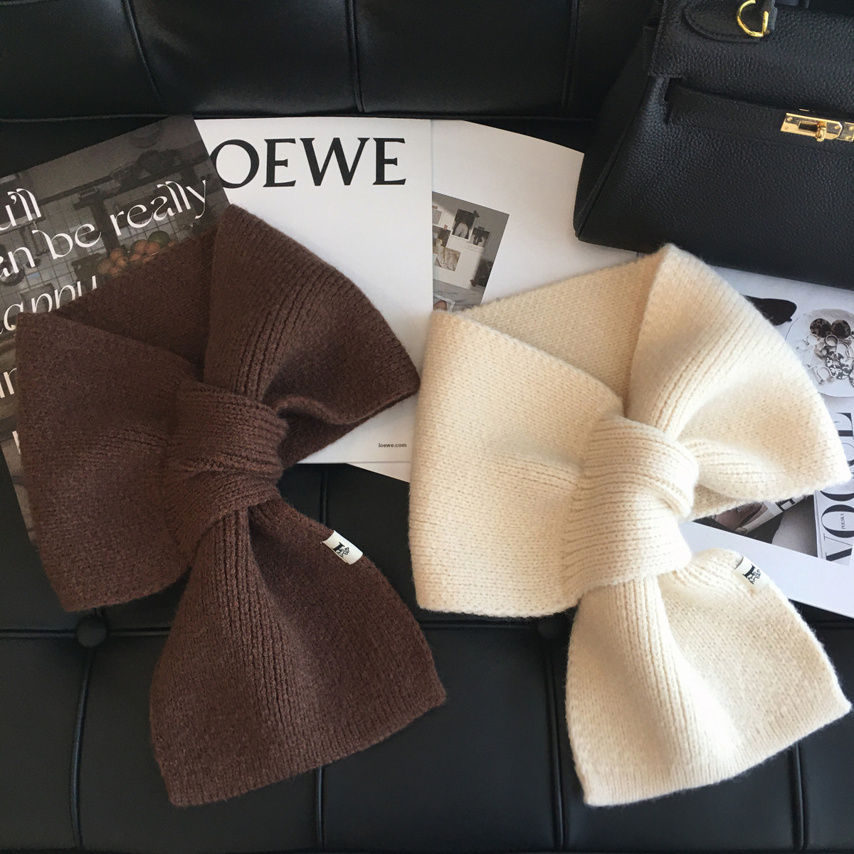 韩版百搭甜美蝴蝶结毛线针织围巾女冬季户外保暖装饰学生交叉围脖