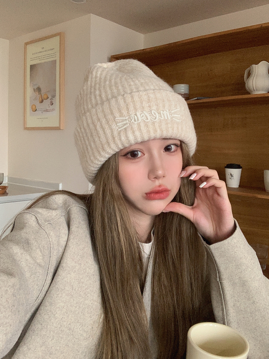 可爱猫须毛线针织套头帽保暖冷帽