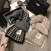 韩国秋冬季 百搭千鸟格WOOL纯羊毛围巾情侣款 保暖100%羊毛针织围脖