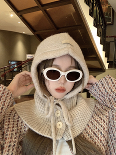 韩国冬季套头保暖法克帽套头连帽纽扣系带护颈防风防寒全遮帽子女