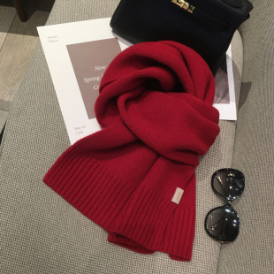 精选WOOL100%羊毛围巾女侧边皮标设计纯色羊绒亲肤秋冬季保暖围脖