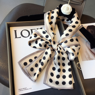 真丝飘带双层双面围巾赫本风波点素邹缎桑蚕丝长条丝巾细窄领巾女