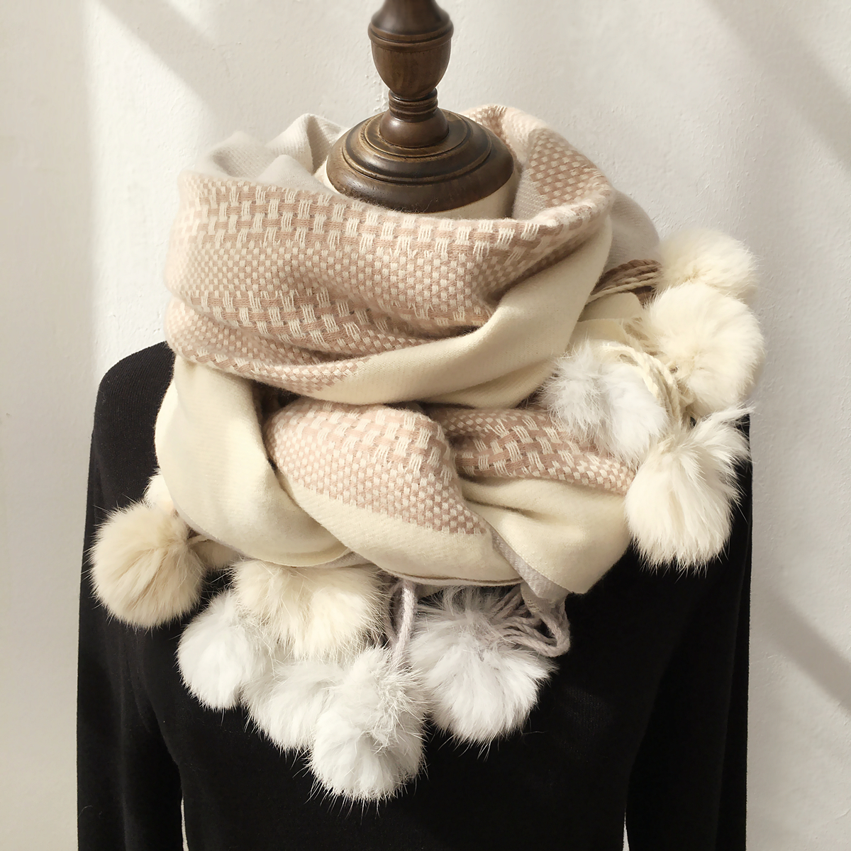 冬季韩版拼色保暖仿羊绒长款毛球