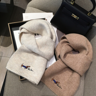 韩系百搭刺绣小狗混羊毛围巾女披肩两用冬季保暖情侣毛线针织围脖