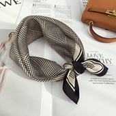 杭州丝绸女春秋季 百搭千鸟格围巾小领巾真丝桑蚕丝丝巾53cm小方巾