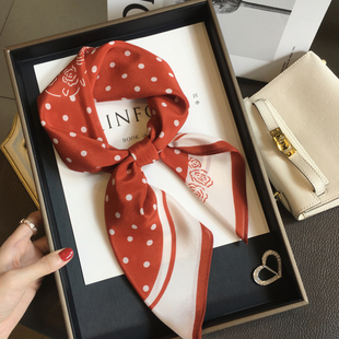 一束山茶波点小方巾100%桑蚕丝真丝丝巾复古红色领巾女系脖送礼
