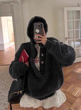 糯软女开襟针织灰色辣妹外套韩系厚实连帽E10123网红款冬季2025半