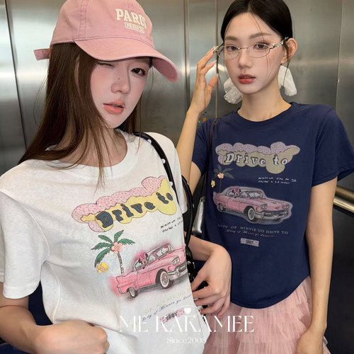 ME KAKAMEE-夏新品喷画夏日汽车KT米奇立体花朵设计短袖T恤9385