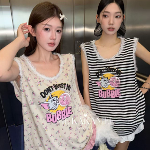 ME KAKAMEE-夏新品喷画汤姆猫拼接蕾丝边设计背心背心9505