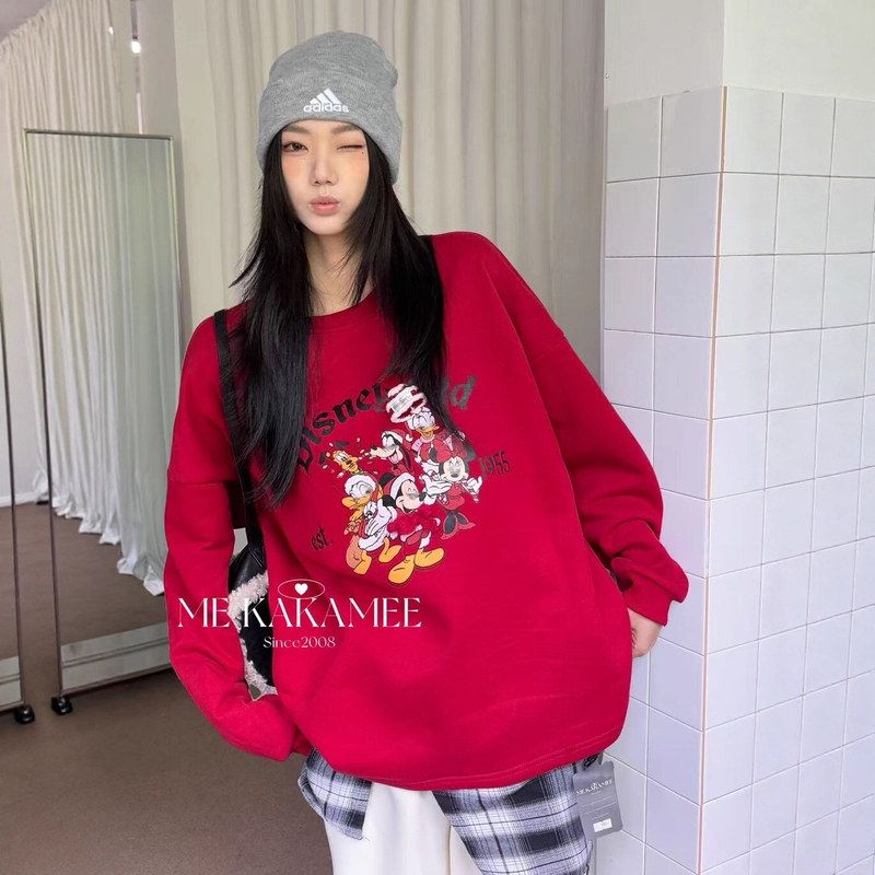 EEKAKAM 9051新品百搭加绒喷画卫衣十三行ME 冬卡通宽松女MQ圣诞