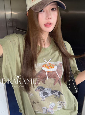 ME KAKAMEE-新品喷画小狗立体背包工艺设计感大版面膜短袖T恤9381